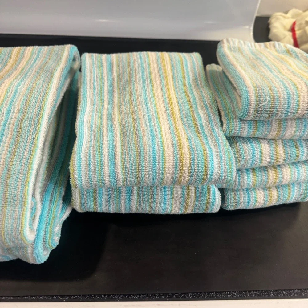 Soho Living Bath Towel Set 9 Piece Blue Green Striped 100% Cotton Coastal